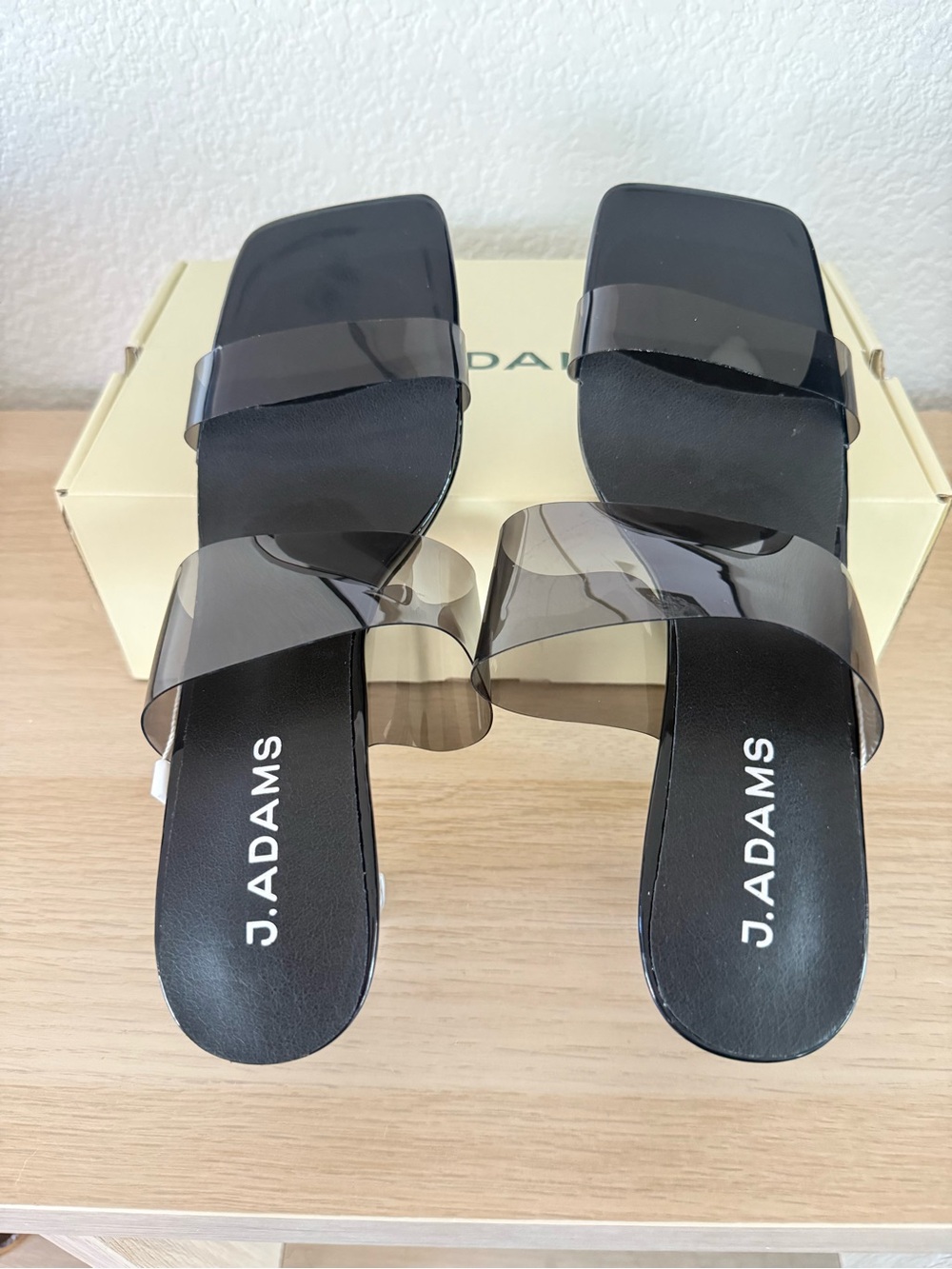 J. Adams Black Slide Heels with Smoky Transparent Straps